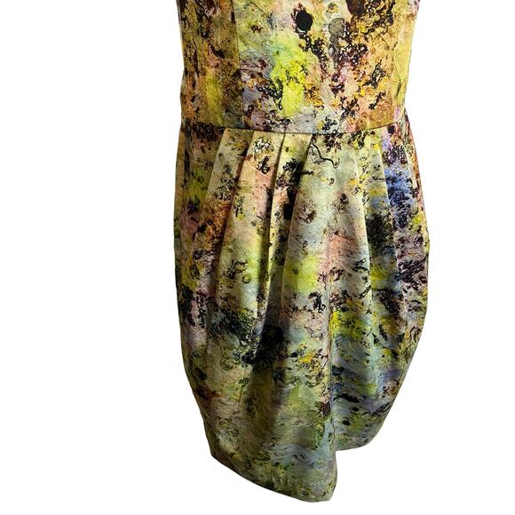 McGinn Womens Cocktail Dress Green Satin Strapless Watercolor 6 Pockets Pleated - Picture 5 of 11